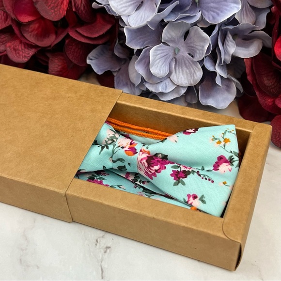 Light Blue Floral Butterfly Bow Tie and Pocket Square - Picture 15 of 16
